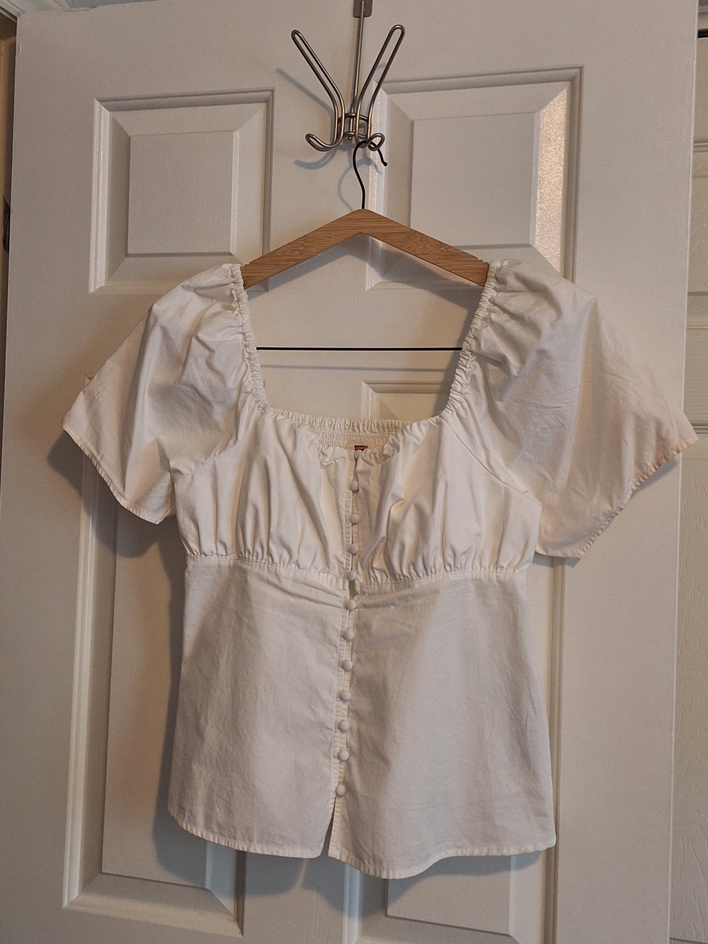 Levi's White Short Puff Sleeve Button-Front Blouse